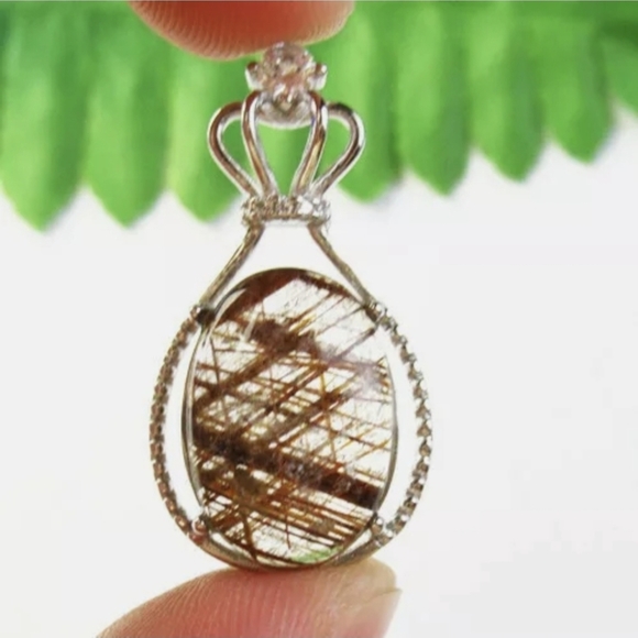 New Silver Wrapped Gold Rutilated Quartz Oval Rhinestone Crown Pendant. - Picture 2 of 12
